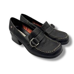 Tommy Girl Loafers Women 7M Black Leather Block Heel Square Toe Buckle TW08503